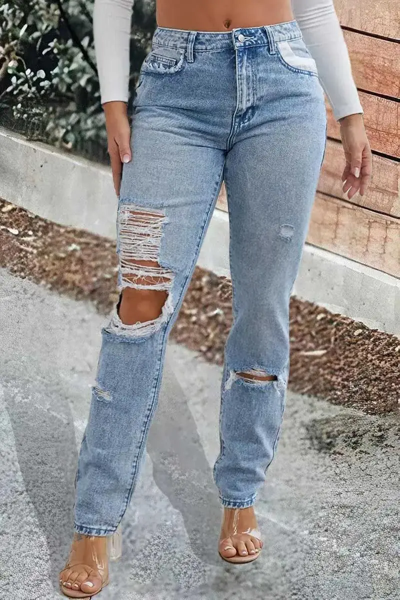 Cut Out Slant Pocket Low Waist Straight Leg Jeans