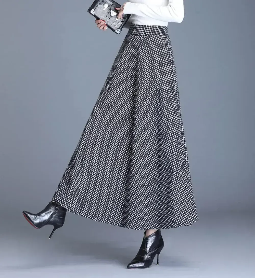 Women's Winter Elegant Warm Long Skirt Wool Maxi Skirts Elastic Waist A-Line High Waist Plaid Pleated Skirt S-3XL