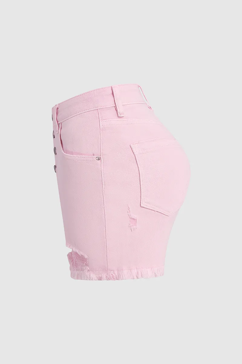 Solid Ripped Raw Hem Button Fly Mid Rise Denim Shorts
