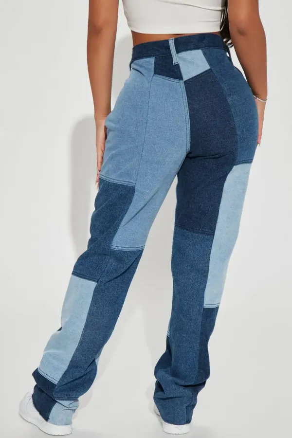 Hey Girl Patchwork Straight Leg Jeans - Blue Wash