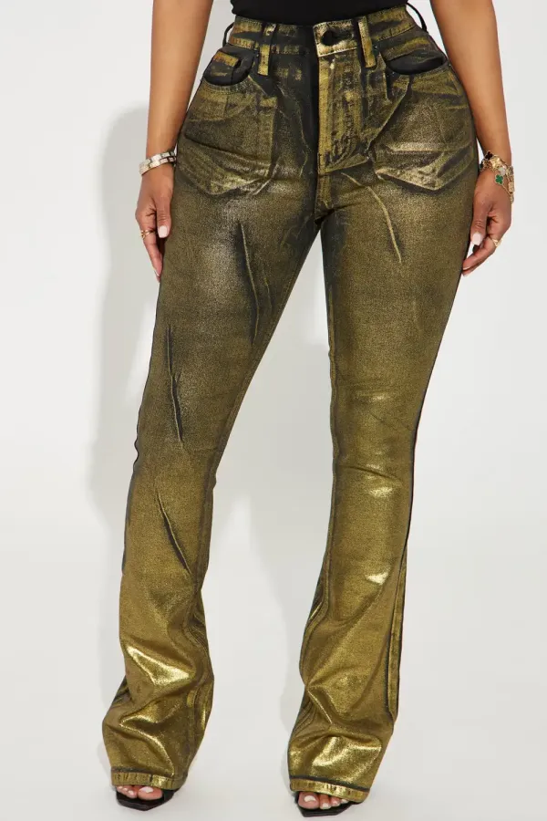 So Golden Foil Print Stretch Bootcut Jeans - Black/Gold