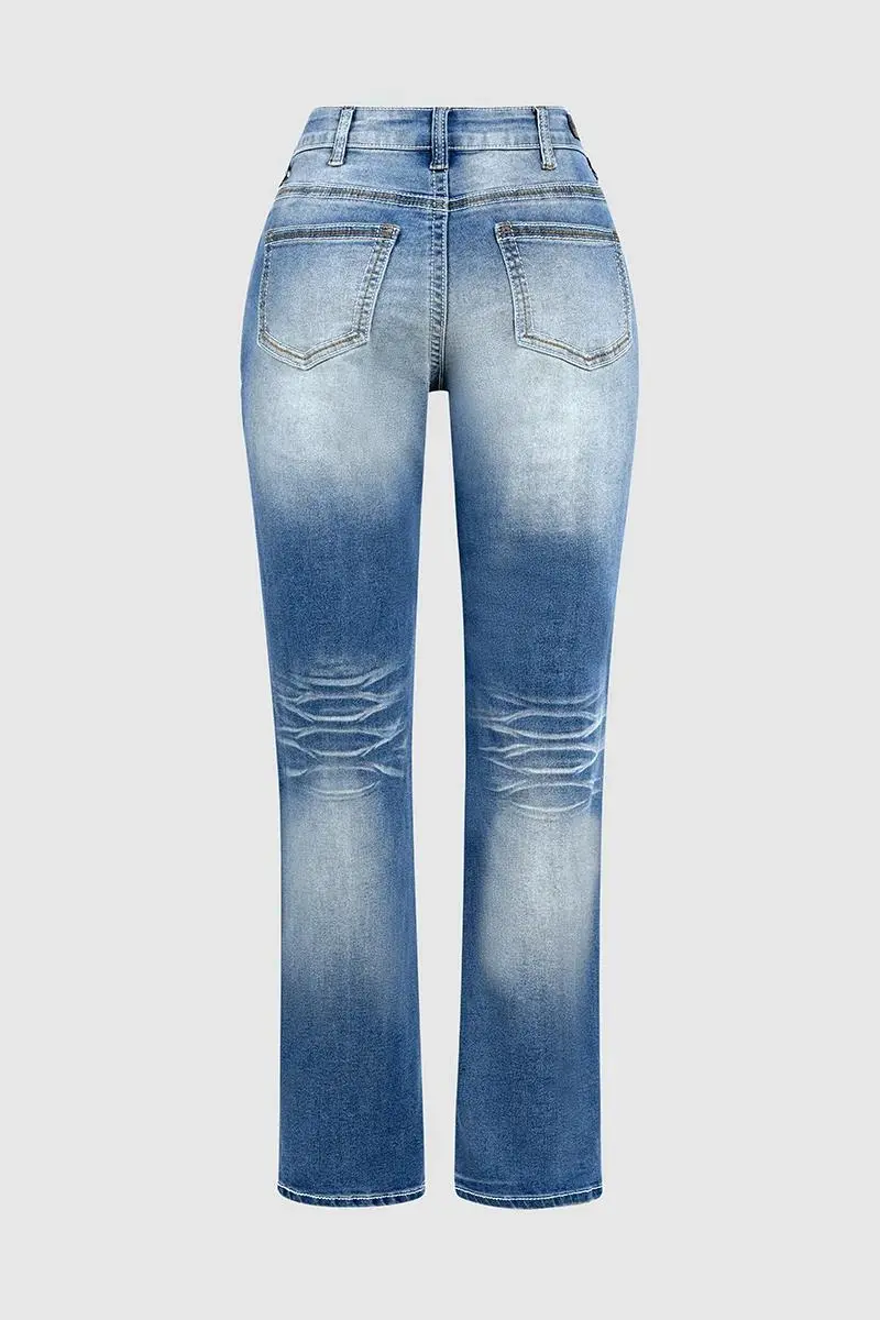 Washed Stretchy Split Hem Mid Rise Bootcut Jeans