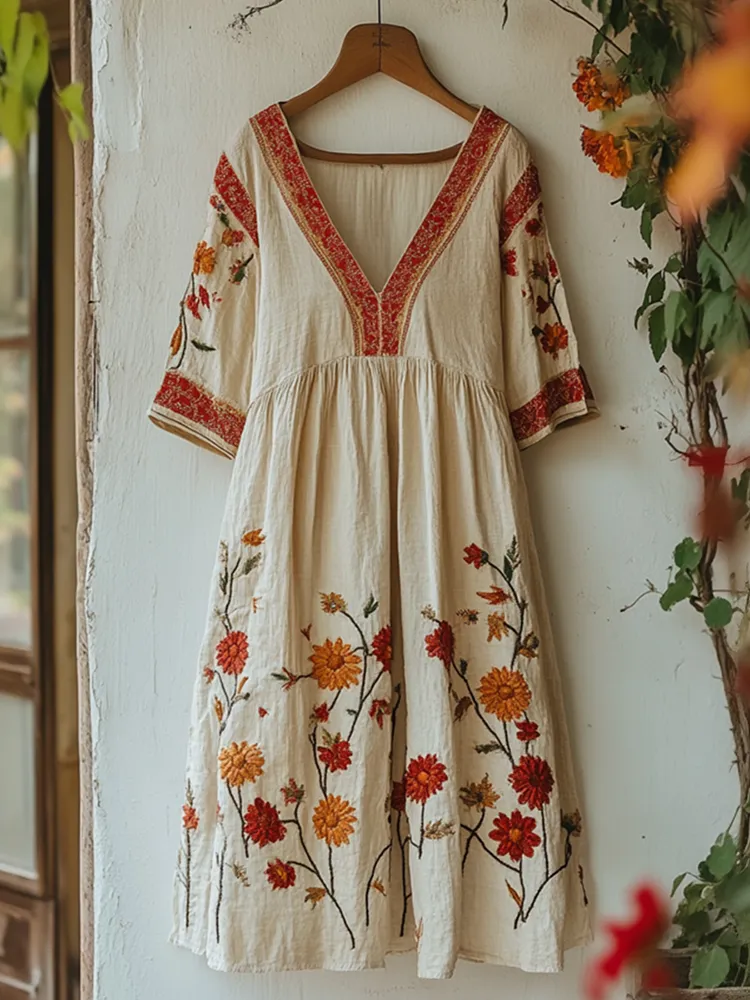 Women's Vintage Embroidered Flower V-neck Loose Linen Blend Midi Dress