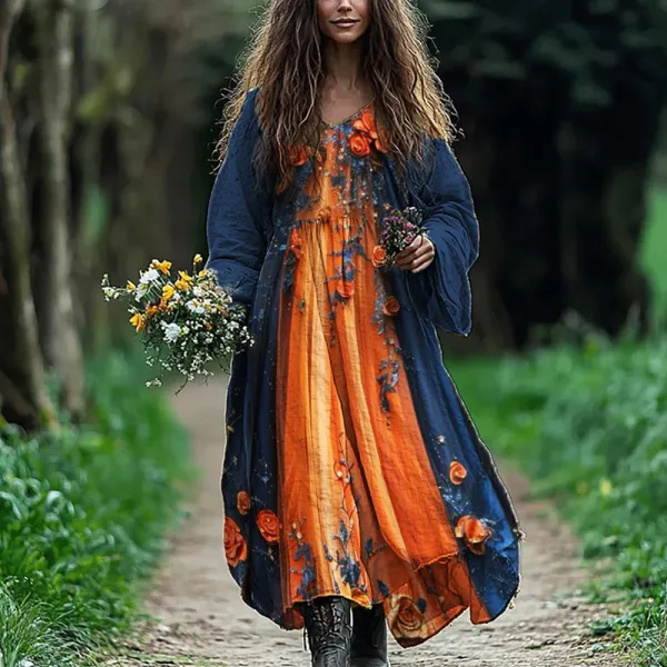 Elegant Floral Contrast Color Flowy Maxi Dress