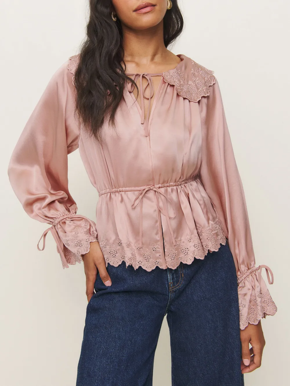 Ruffled V Neck Drawstring Blouse
