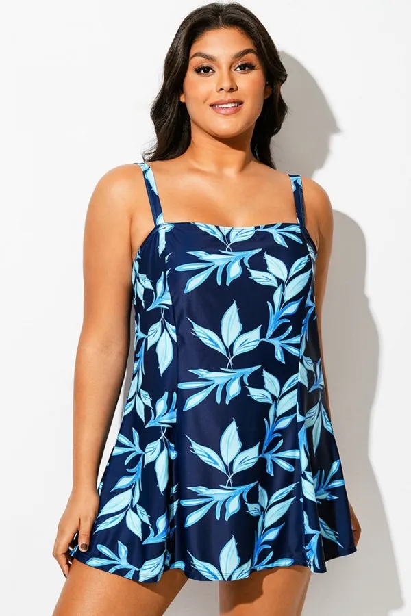 Blue Leaf Print Square Neckline Women Stylish Swimdress