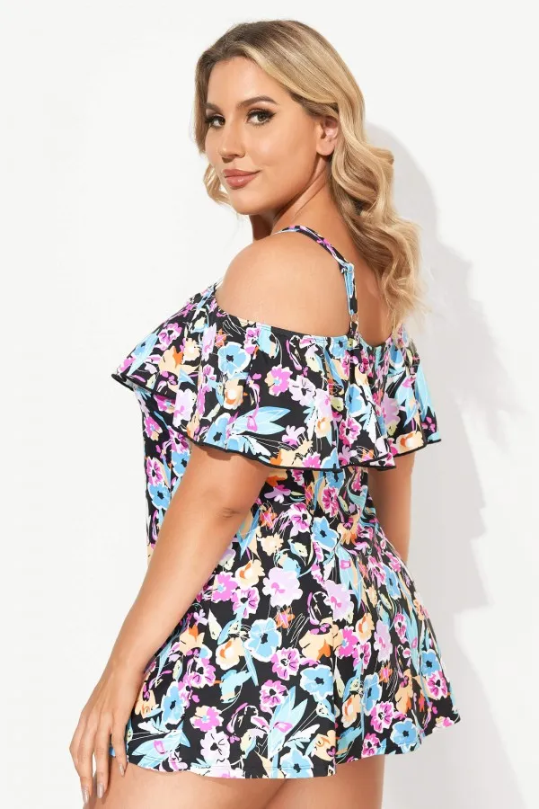 Solid Black Adjustable Straps Women Swimdress