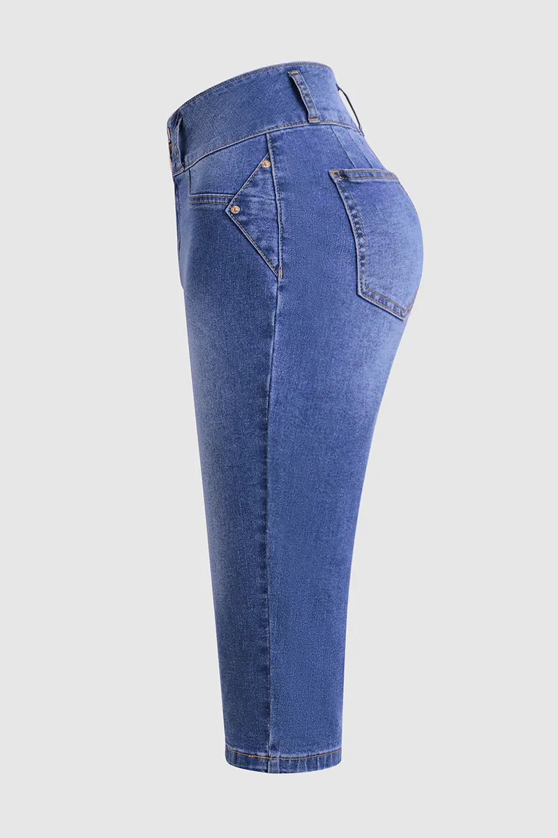 Button Fly Wash High Stretch High Waist Capri Jeans