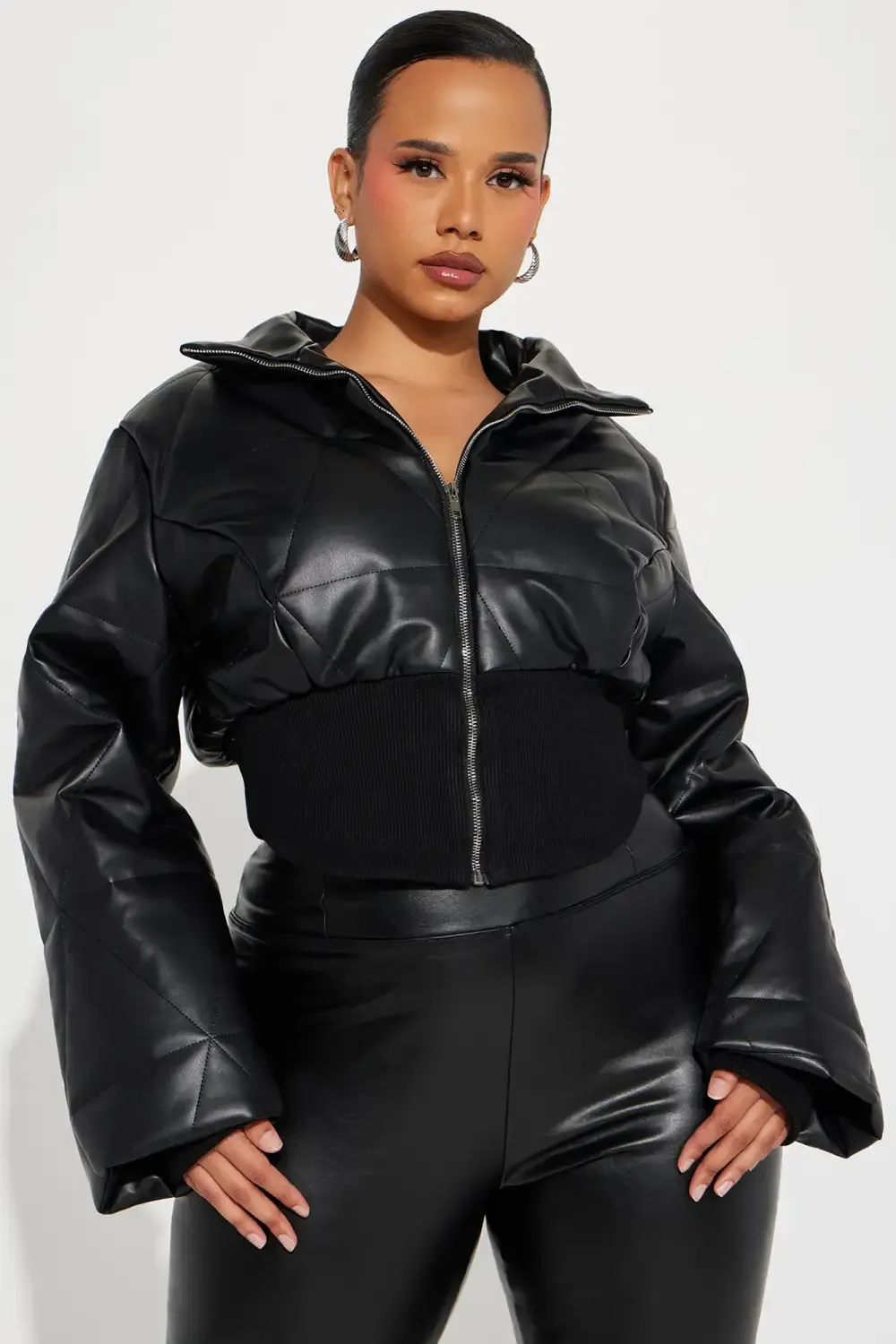 It's The Lifestyle Faux Leather Puffer Jacket - Black