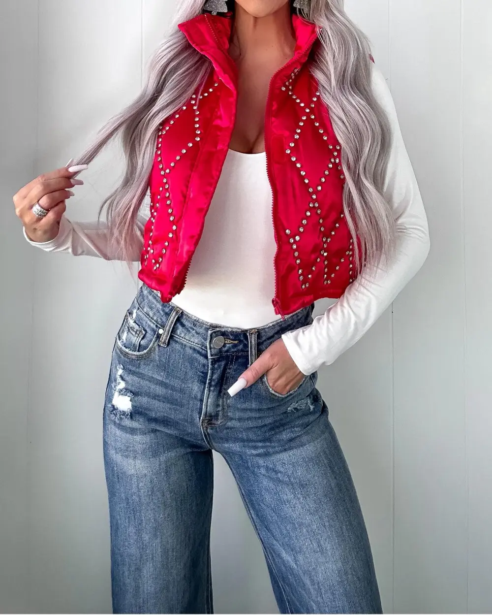 Rhinestone Bomber Vest - Red