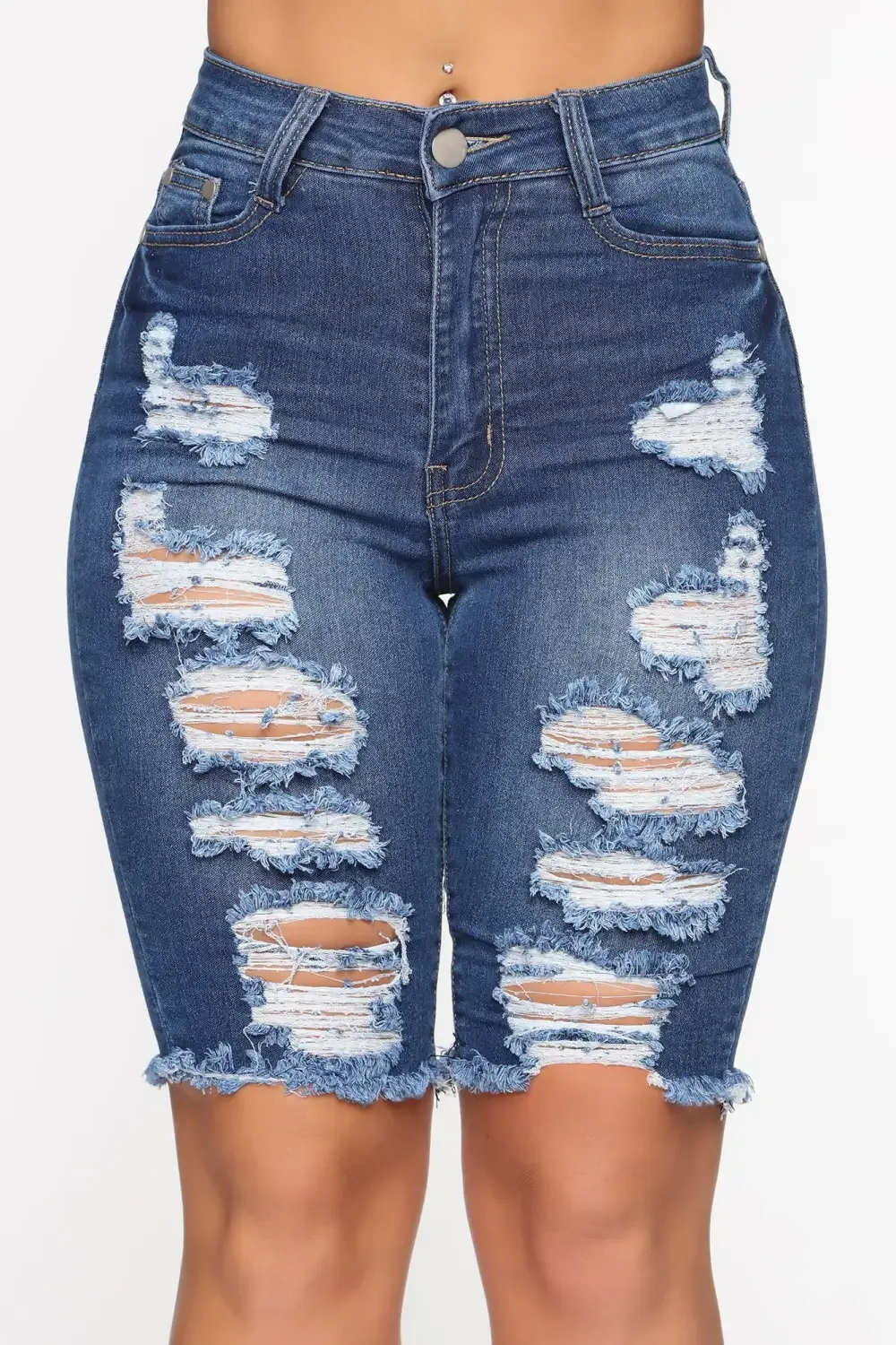 See Me Now Distressed Bermuda Shorts - Medium Blue Wash