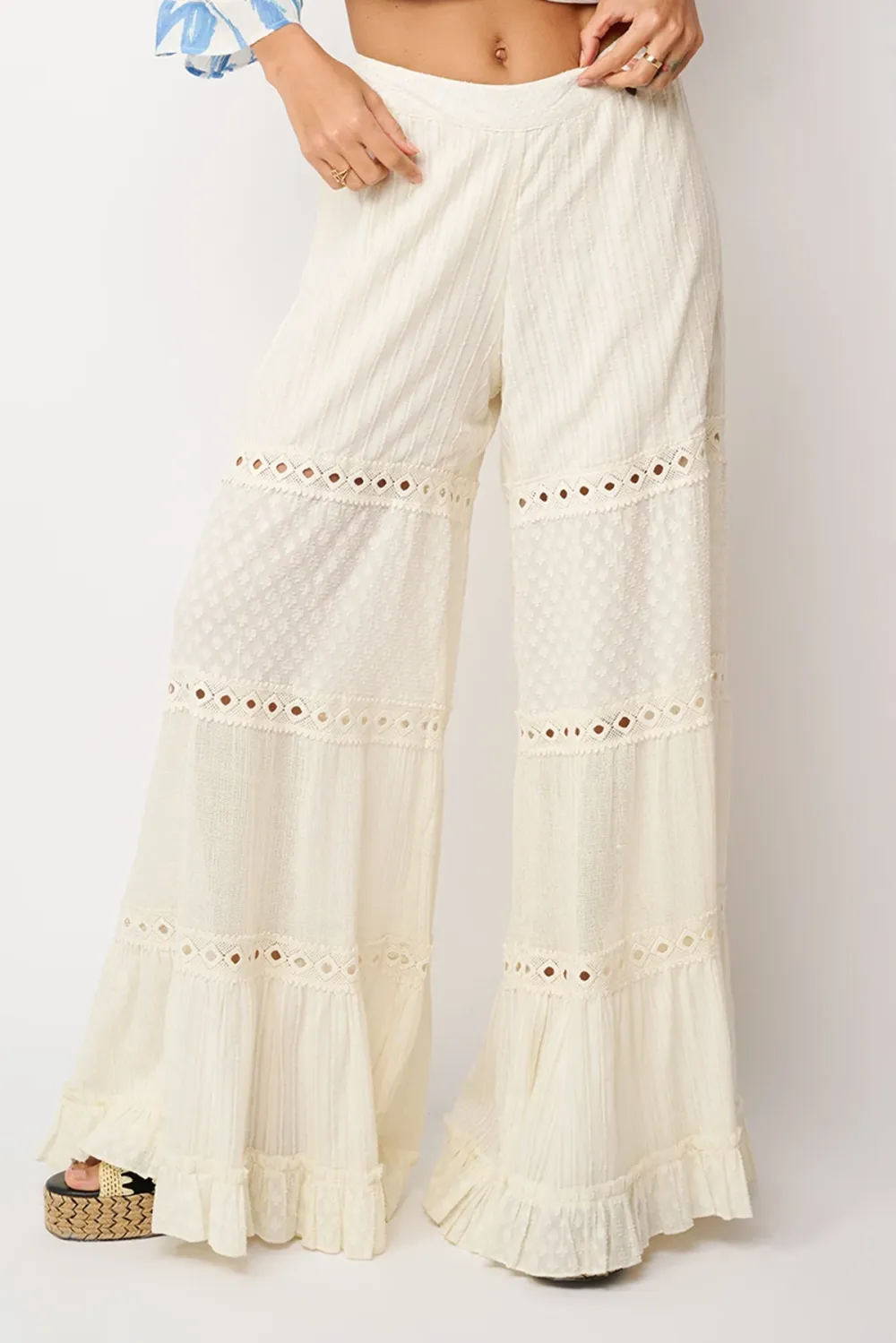 White Eyelet Detail Flared Pants