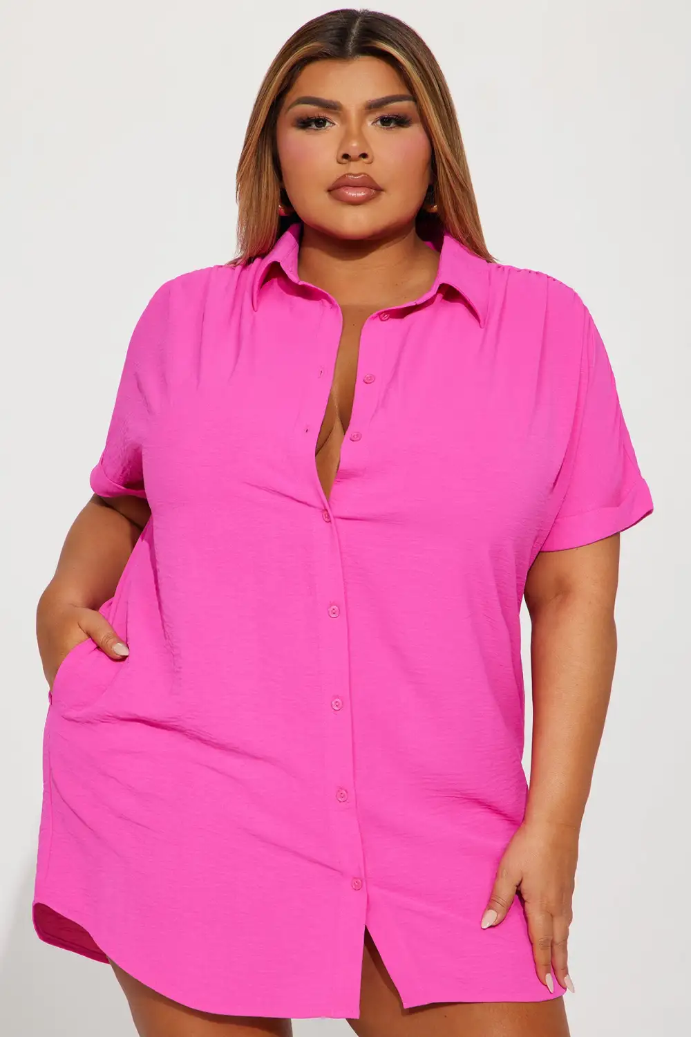 Amelia Mini Shirt Dress - Hot Pink