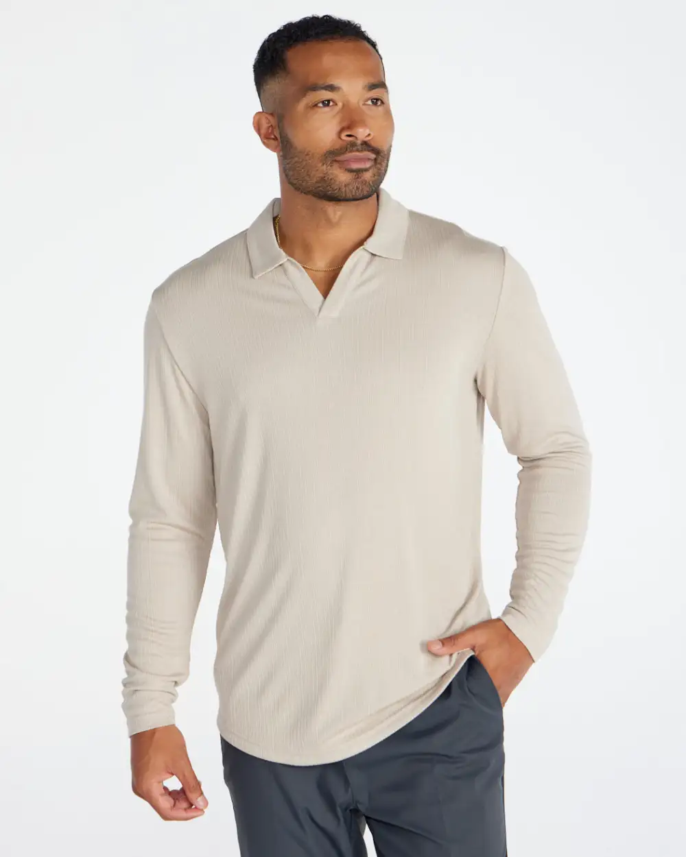 Ribbed Long Sleeve Open V Polo