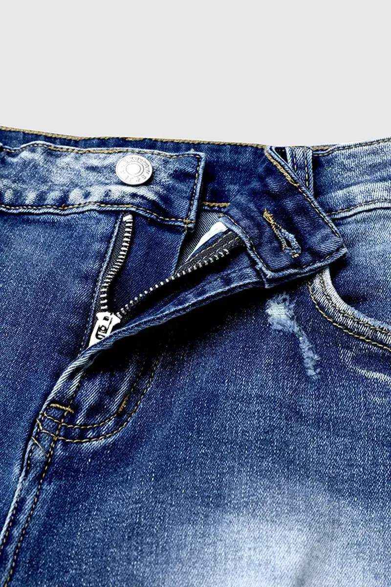 Ripped Roll Hem Mid Rise Denim Bermuda Shorts