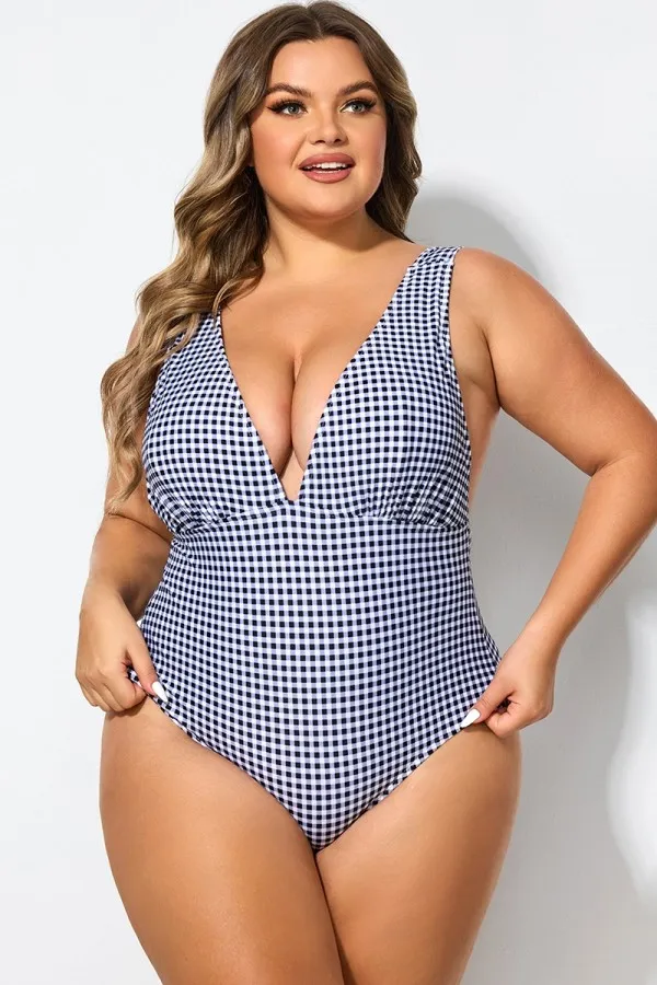 Gingham V-neck Low-cut Leg One Piece Swimsuit