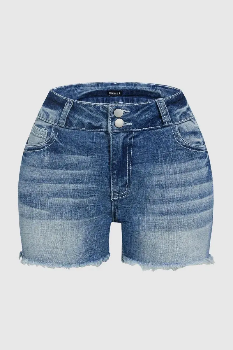 Embroidery Detail Raw Hem High Waist Denim Shorts
