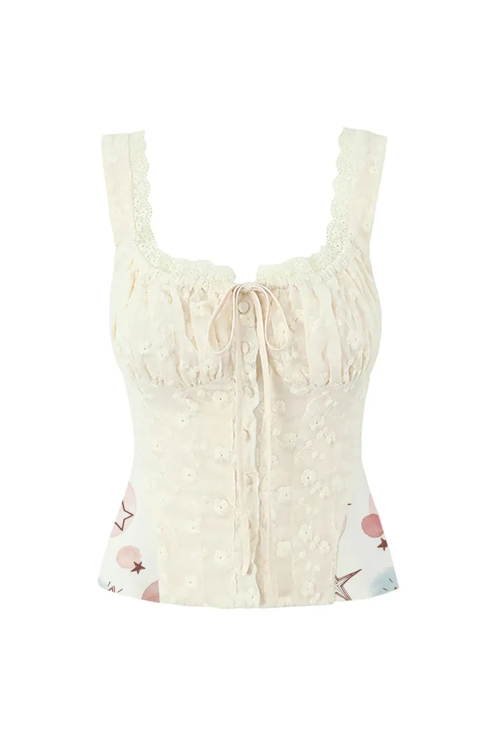 Cute Floral Embroidered Lace Bow Tie Button Up Chiffon Peplum Crop Tank Top