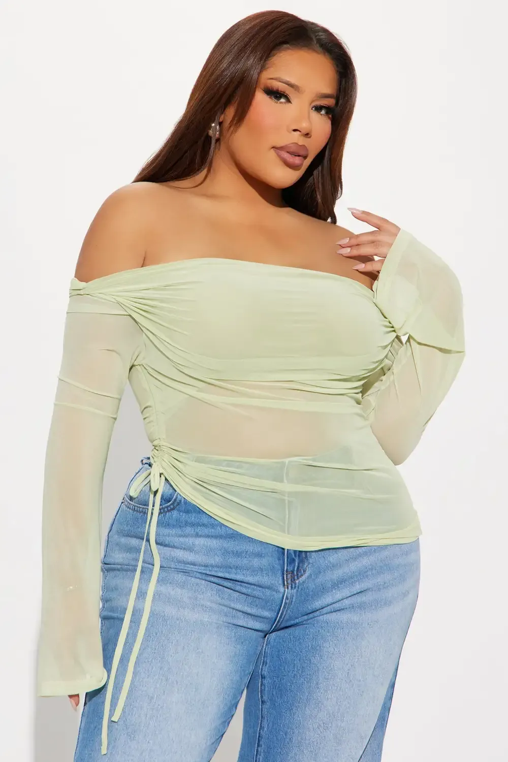 Molly Mesh Off Shoulder Top - Sage