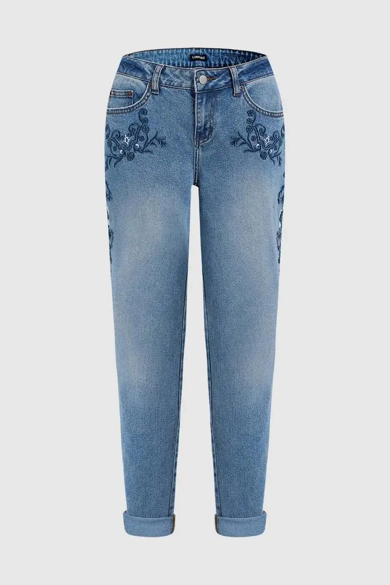 Wash Floral Embroidery Roll Hem Mid Rise Carrot Jeans