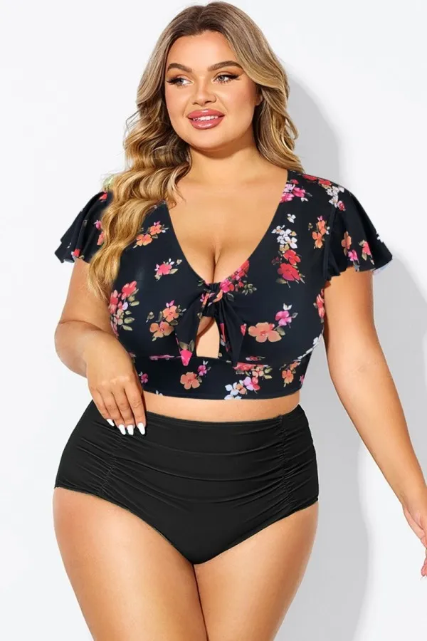 Black Floral Print Retro Women Bikini Top