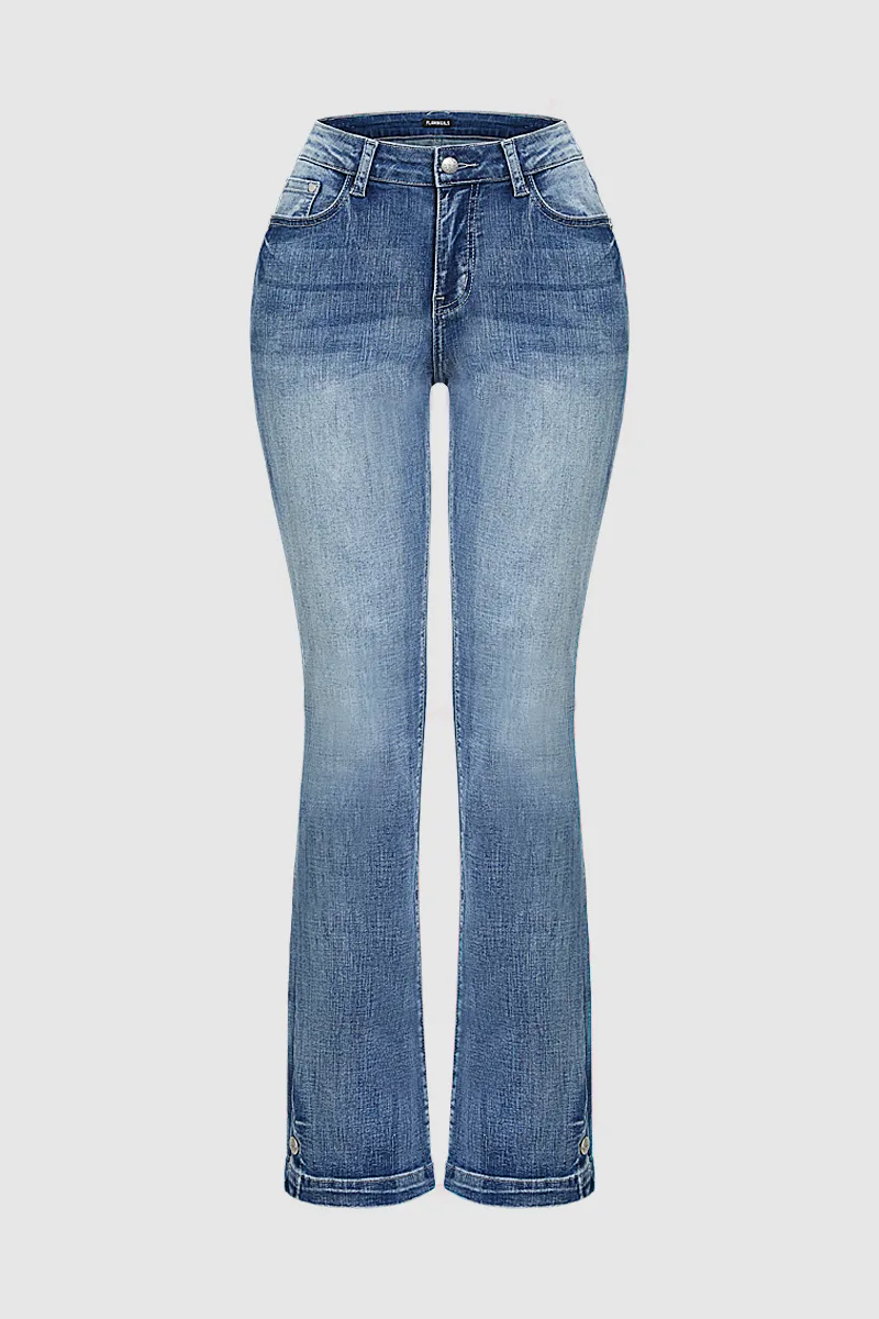 Embroidered Pocket Buttoned Hem Mid Waist Bootcut Jeans Without Belt