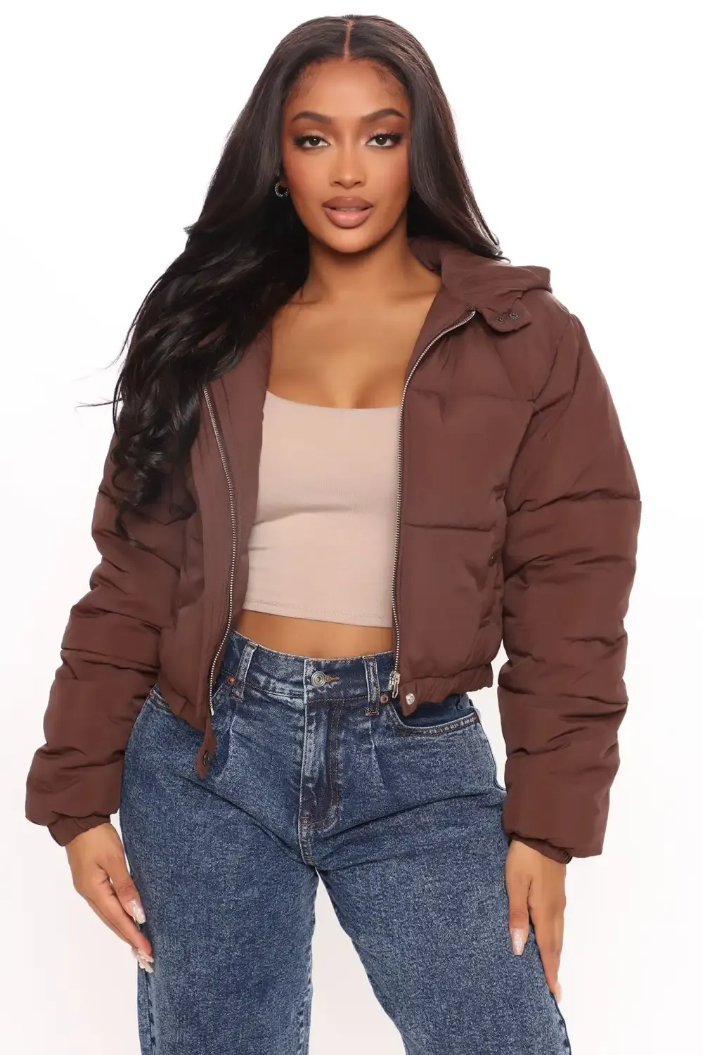 Nights In The City Cropped Puffer Jacket - Chocolate