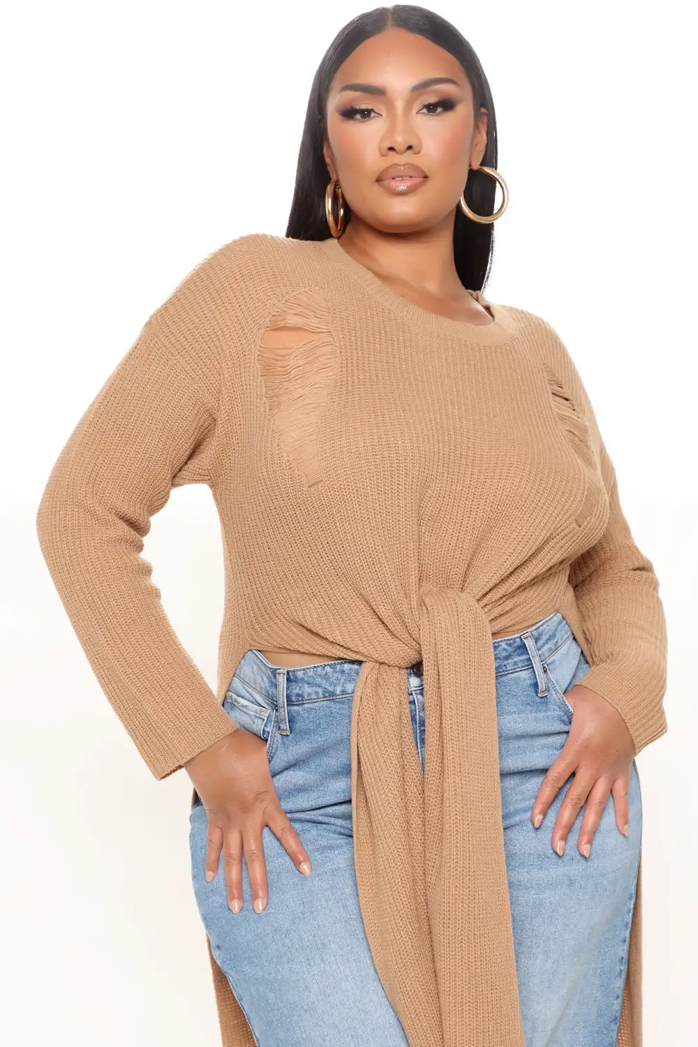 Kara Tie Front Sweater - Tan