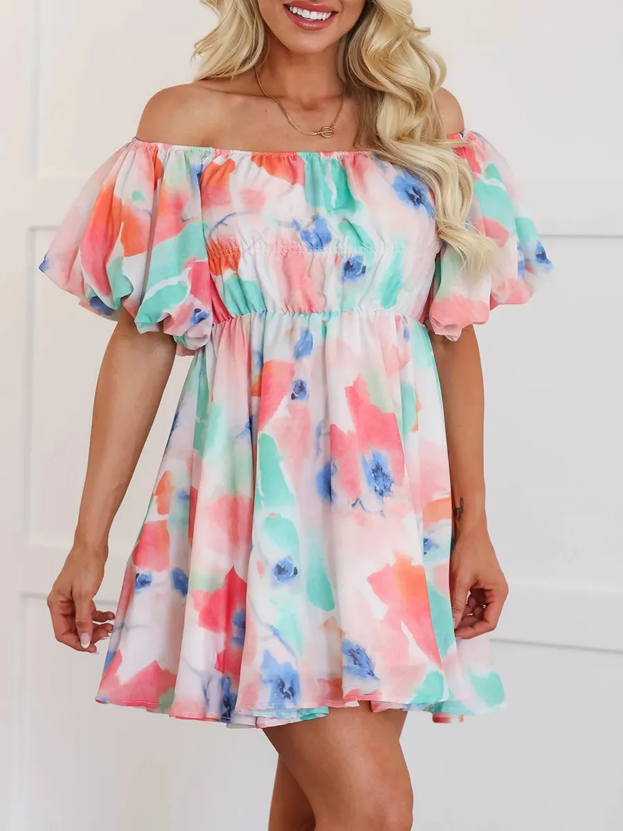 Watercolor Pattern Bubble Sleeve Dress