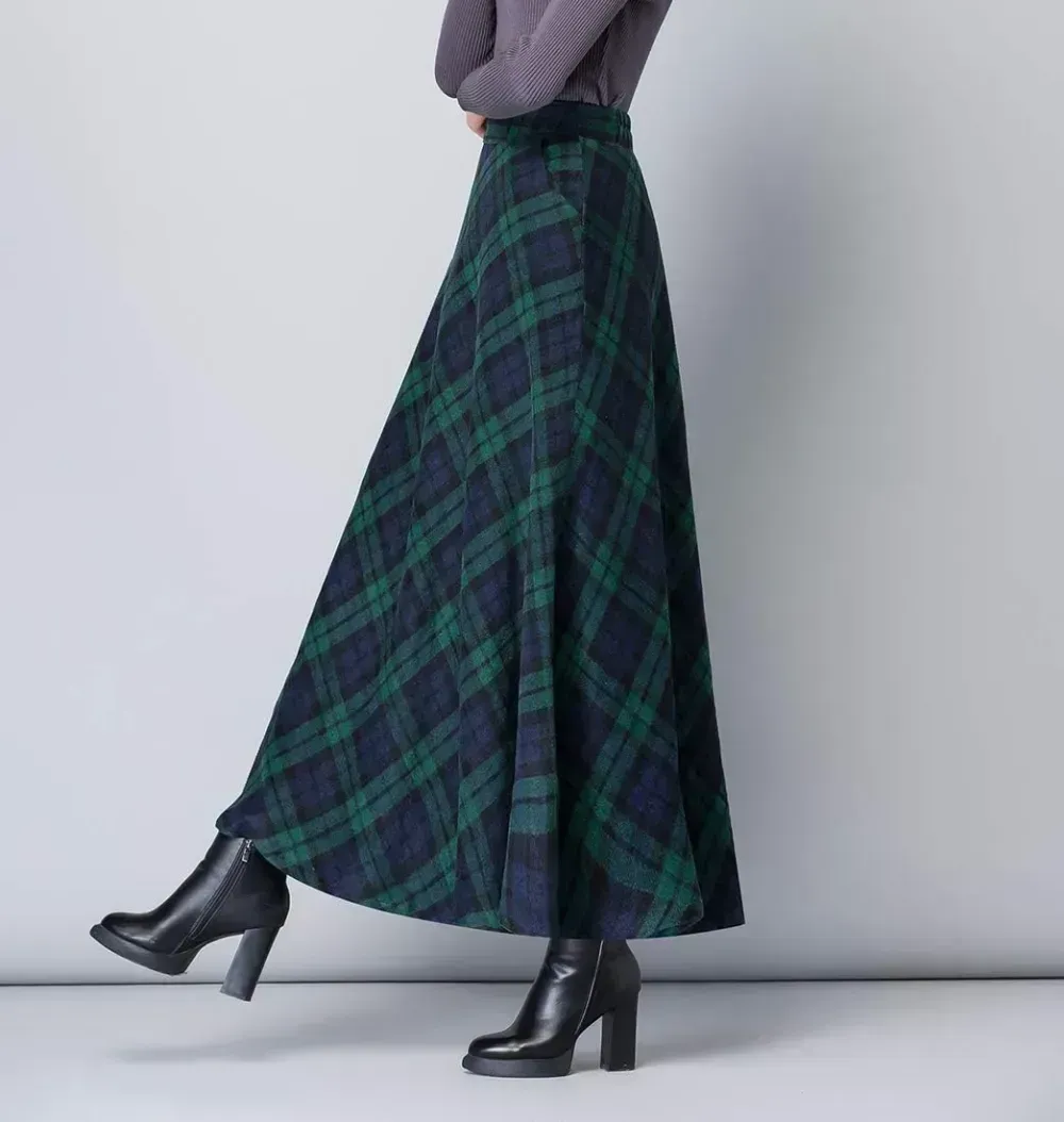 Women's Winter Elegant Warm Long Skirt Wool Maxi Skirts Elastic Waist A-Line High Waist Plaid Pleated Skirt S-3XL
