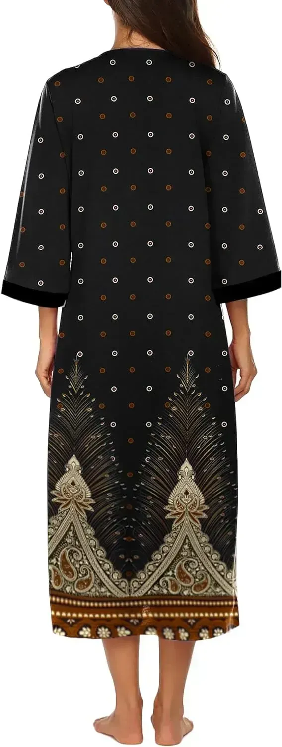 Women Zipper Robe 3/4 Sleeves Loungewear Dress Full Length Sleepwear Pockets Housecoat Nightgown Long Bathrobe