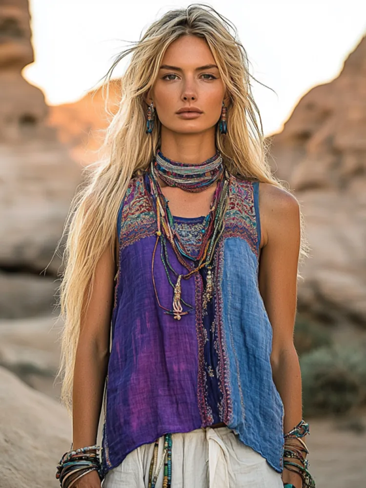 Women's Bohemia Ethnic Patchwork Style Linen Sleeveless Top