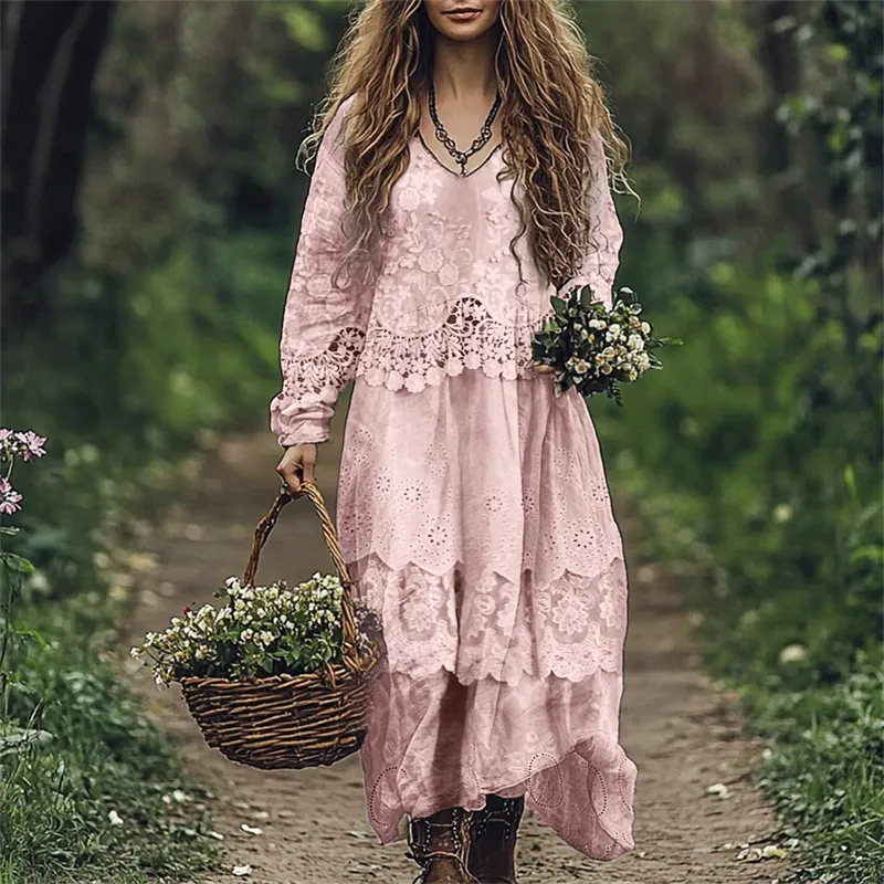 Cottage Floral Lace Layered Flowy Linen Blend Maxi Dress