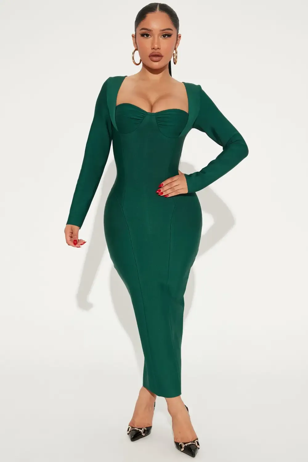 Always Good Long Sleeve Bandage Midi Dress - Hunter
