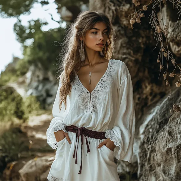 Vintage Boho Floral Lace Hem Flowy Linen Dress