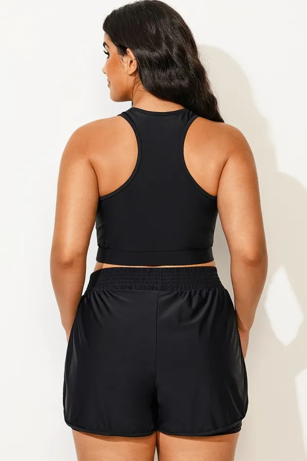 Plus Size Black Half Zip Crop Bikini Top