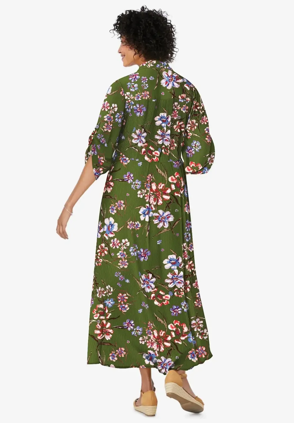 Roll-Tab Sleeve Crinkle Shirtdress