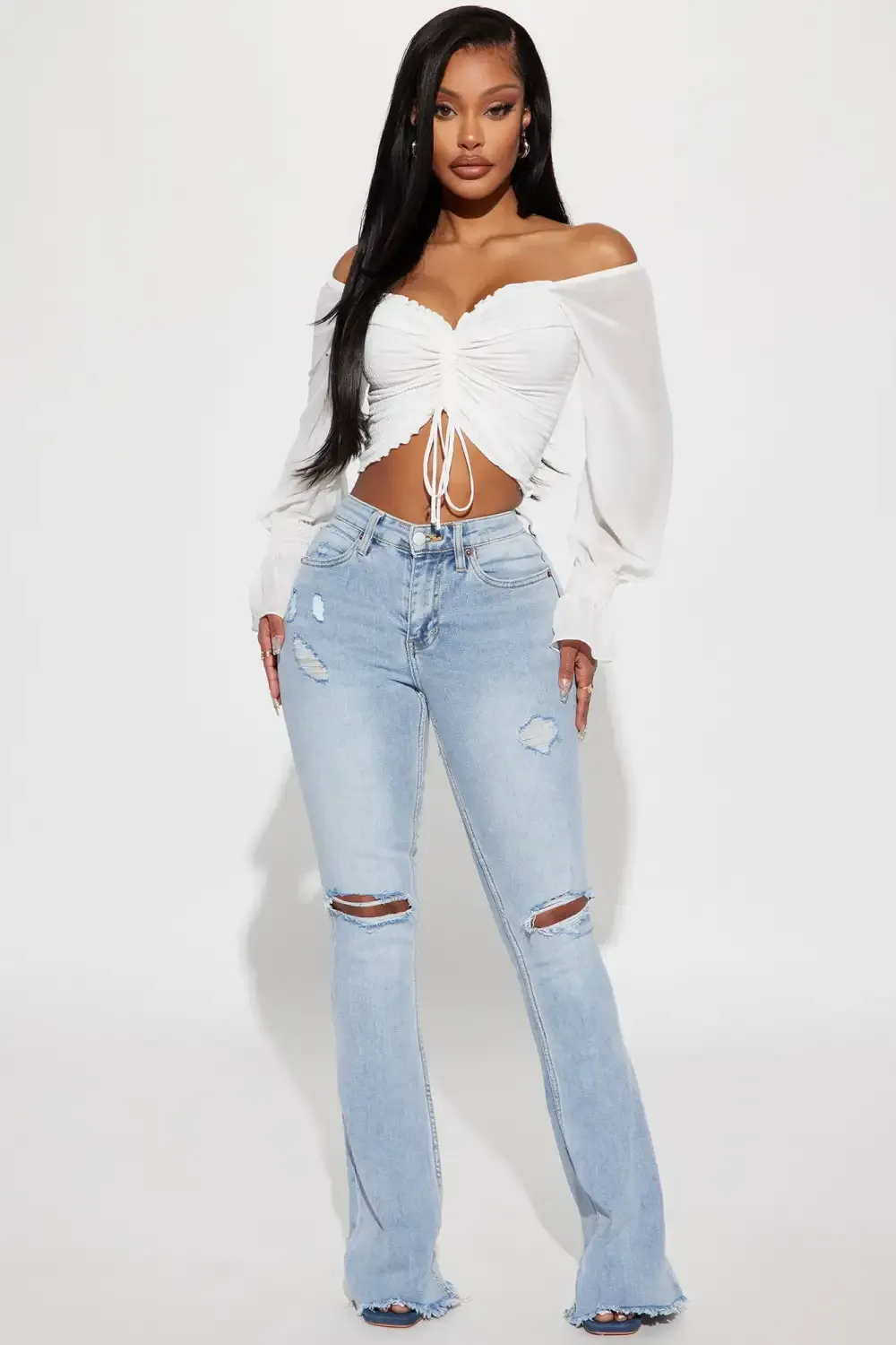Really Rowdy Ripped Stretch Flare Jeans - Light Wash