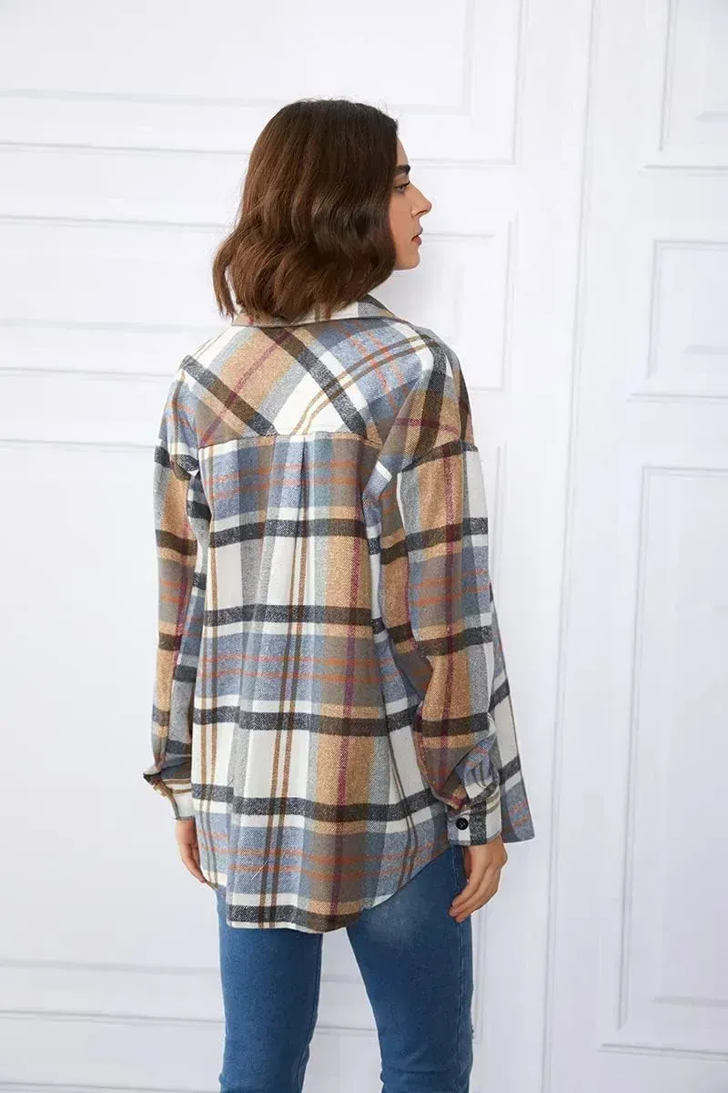 Womens Casual Plaid Shacket Button Down Long Sleeve Shirt
