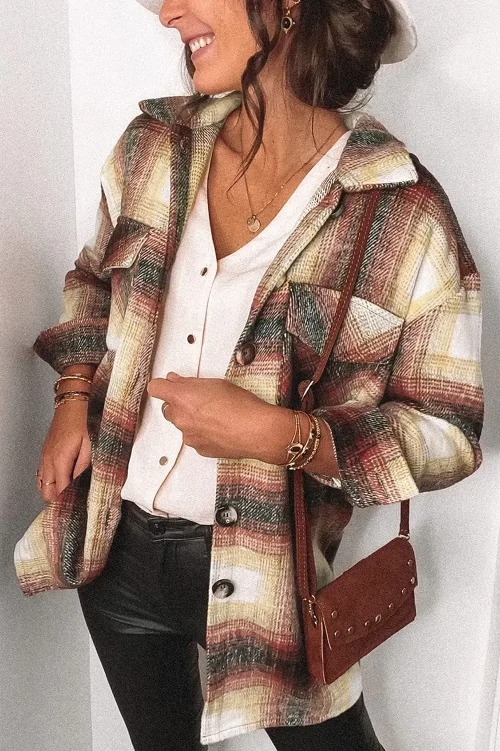 Women's 2023 Fall Clothes Plaid Shacket Jacket Long Sleeve Button Down Flannel Shirts Fashion Blouse