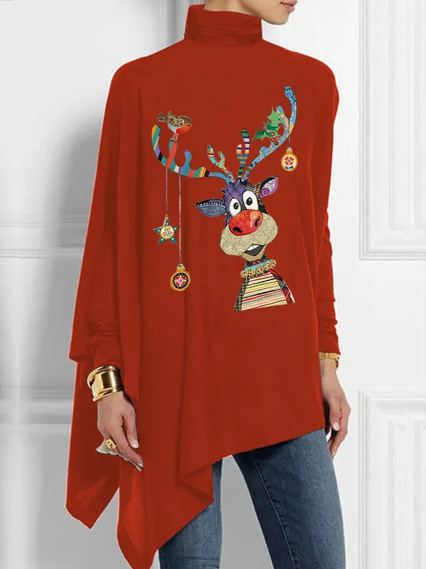 Women's Turtleneck Cartoon Reindeer Tops