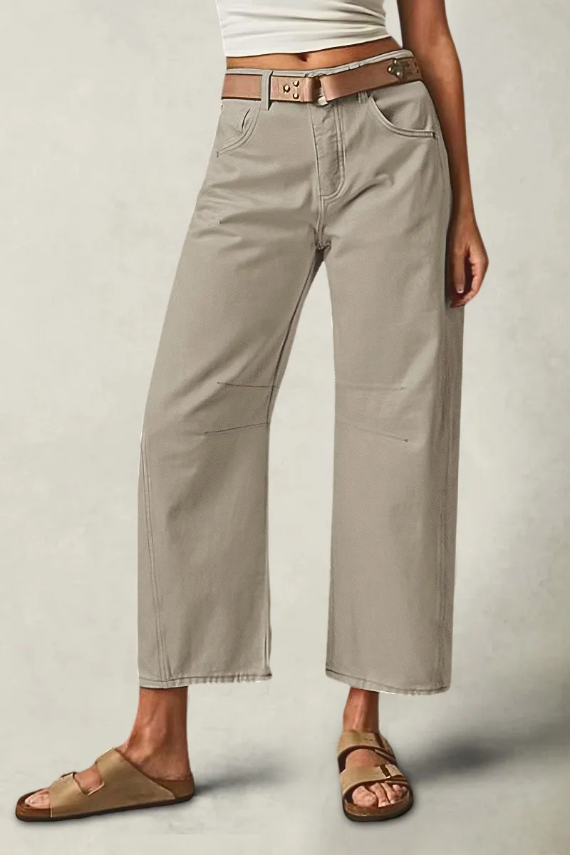 Solid Stitch Detail Mid Waist Crop Straight Leg Jeans Without Belt