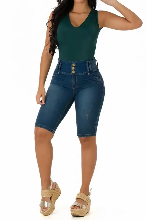 Wash Button Up Elastic High Waist Denim Bermuda Shorts