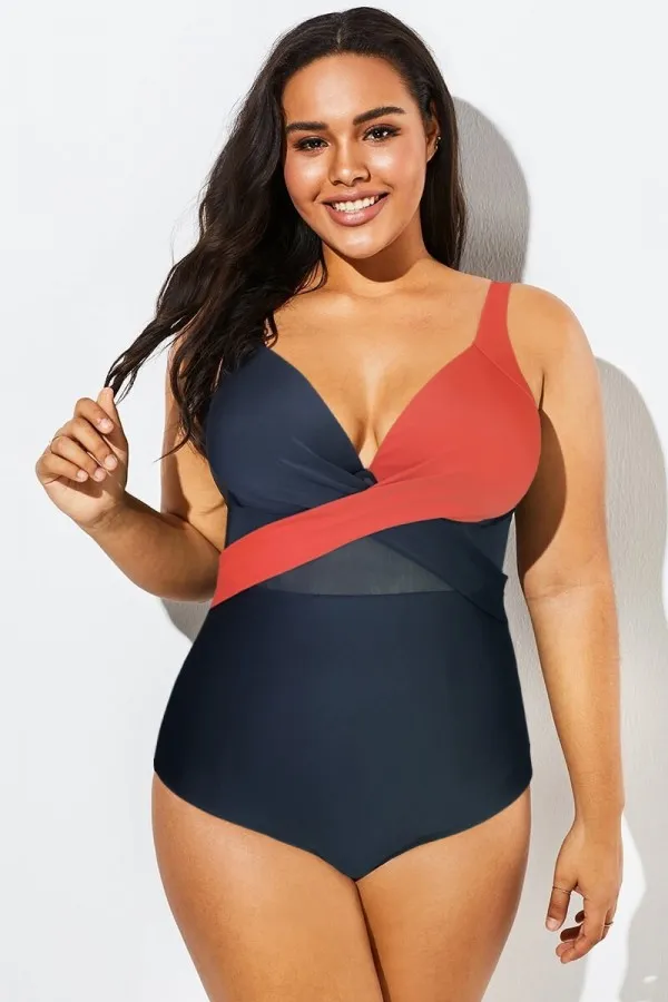 Colorblock Cut Out Mesh Underwire One Piece Swimsuit