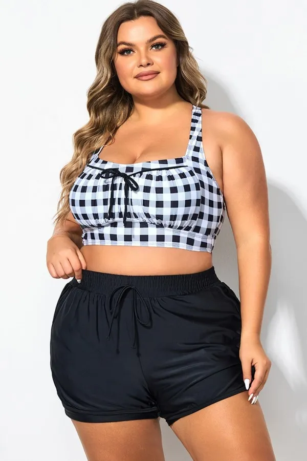 Retro Gingham Wireless Ruched Cups Crossback Bikini Top