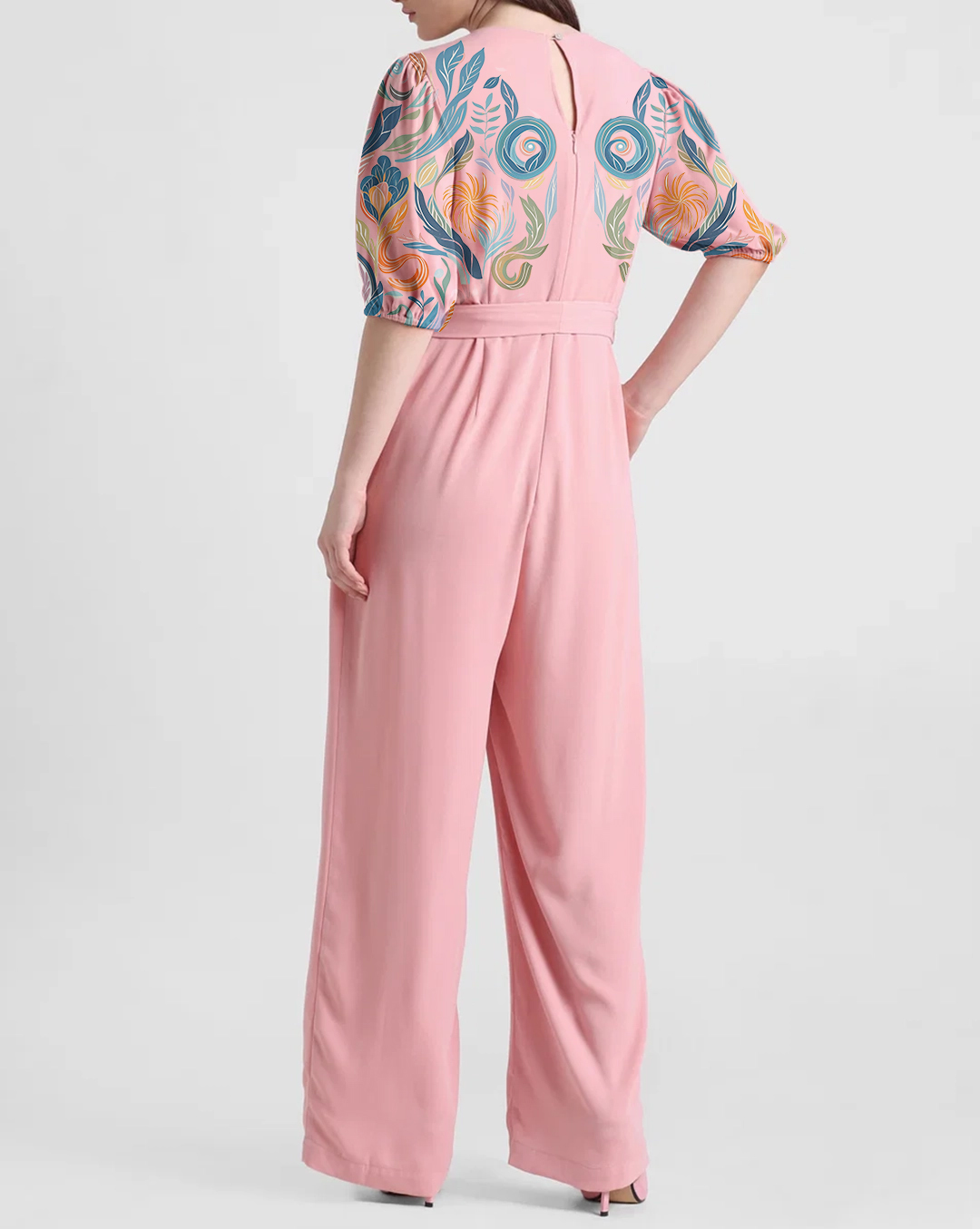Pink Short Sleeve Floral Embroidered Belted Jumpsuit