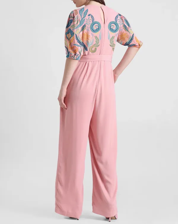Pink Short Sleeve Floral Embroidered Belted Jumpsuit