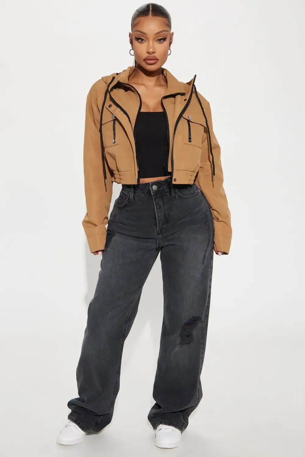 Kelsie Hooded Cropped Jacket - Khaki