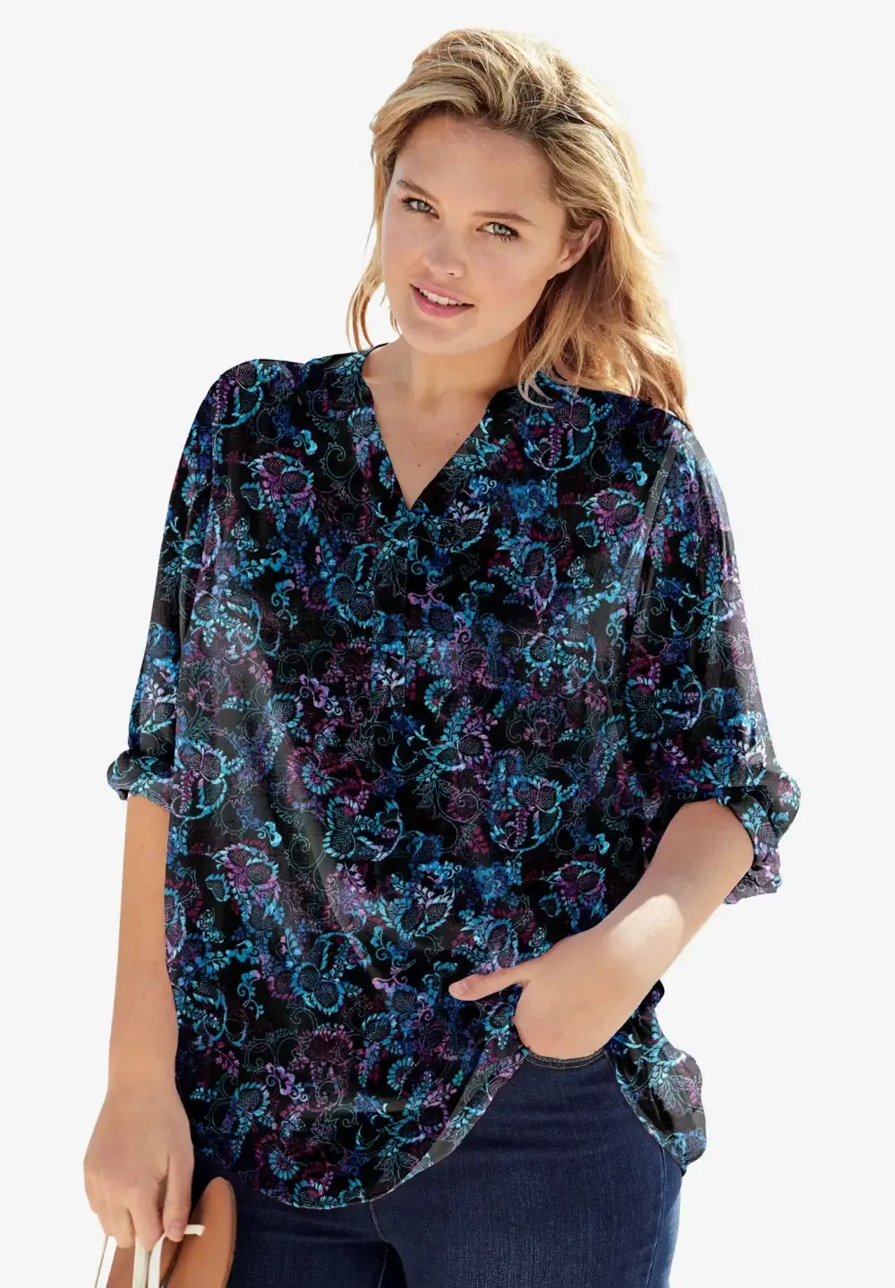 Rayon 7-Day Three-Quarter Sleeve Tab-Front Tunic