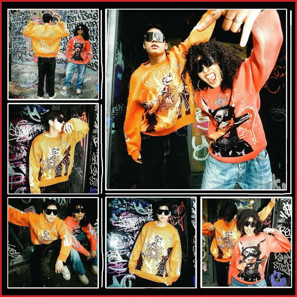 Couple Two Piece Orange and Yellow Sweater Renaissance Street Wear Fashion Printing Seasonal Trend Special Design